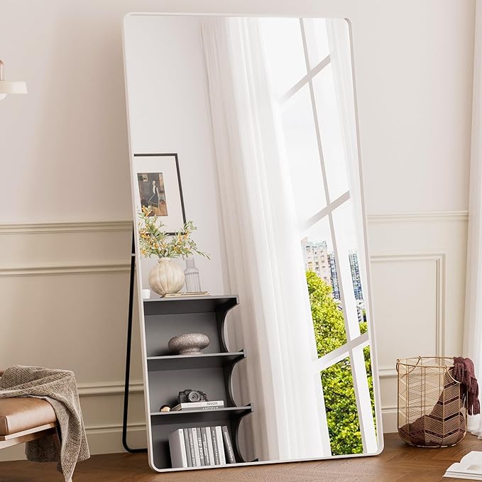 brisafe Full Length Mirror with Stand, 71"x40",Aluminum Alloy Frame Floor Mirror,Tempered Glass - Free Standing, Leaning Against Wall or Wall-Mounted, for Bedroom Living Room Dressing Room(White)