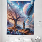Ambesonne Space Tapestry Twin Size, Lonely Astronaut in a Surreal Planet Pastel Celestial Forms Dried Tree, Wall Hanging Bedspread Bed Cover Wall Decor, 68" X 88", Blue Pale Orange Mauve