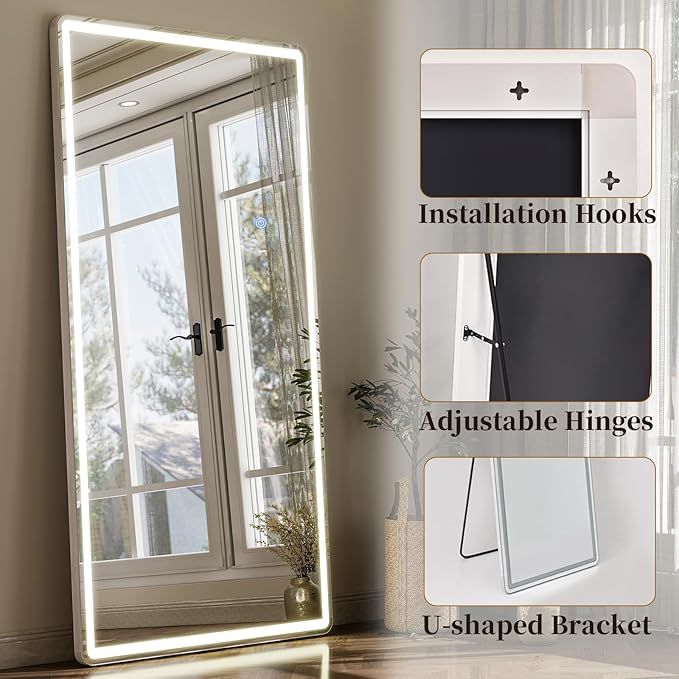 GLSLAND Full Length Mirror with Lights, 71"x30" Dimmable Floor Mirror – 3-Color Lighting, Standing or Wall-Mounted LED Body Mirror for Bedroom & Cloakroom