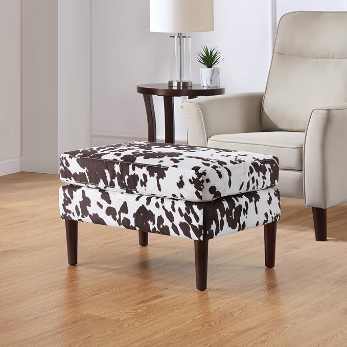 Convenience Concepts Designs4Comfort Marlow Ottoman 27" - Mid-Century Modern Upholstered Footrest & Seat for Living Room, Bedroom, Hallway, or Entryway, Brown Cow Print Fabric