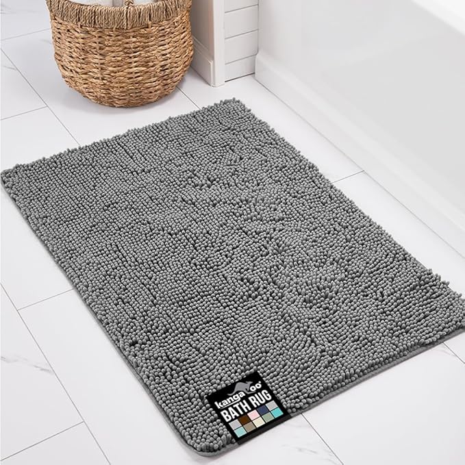 KANGAROO Bathroom Rugs, Chenille Soft Absorbent Bath Rug, Shaggy Shower Mat, Quick Dry Machine Wash Bathmat, Plush Carpet Mats for Tub, Bathtub and Room Home Decor Accessories, 36x24, Grey