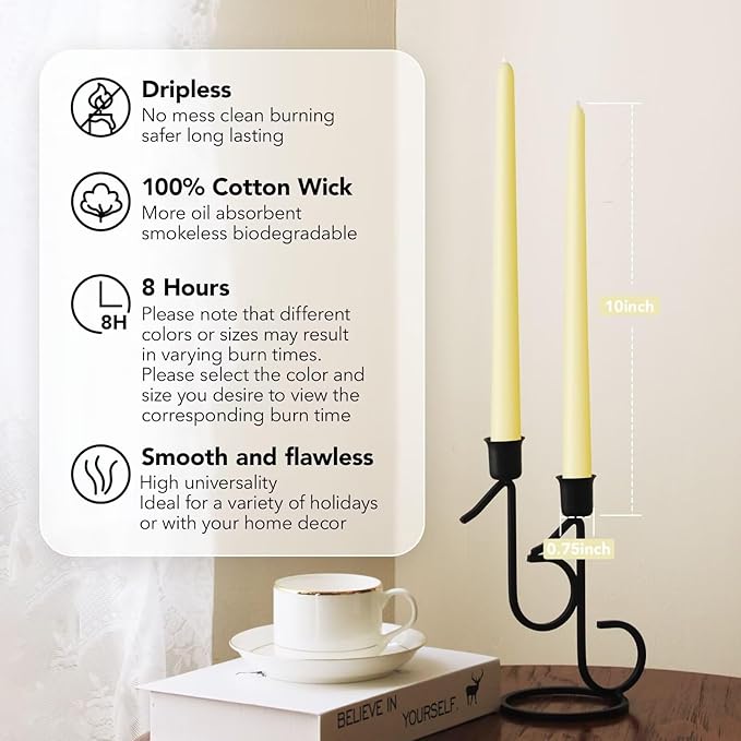 New Burning Formula Unscented Dripless 10-Inch Taper Candles Set of 12 - Ivory, for Wedding, Dinner - Smokeless, Long Burning - Hand Poured, Colored Tall Candlesticks - Marfil