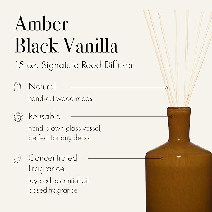 LAFCO New York Signature Reed Diffuser, Amber Black Vanilla - 15 oz - Up to 9 Months Fragrance Life - Reusable, Hand Blown Glass Vessel - Natural Wood Reeds - Made in The USA