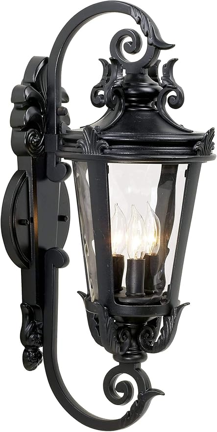 John Timberland Casa Marseille European Outdoor Wall Light Fixture Mediterranean Black Scroll Arm 21 1/2" Clear Hammered Glass for Exterior House Porch Patio Outside Deck Garage Front Door Home
