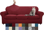 YEMYHOM Latest Checkered 4 Pieces Couch Covers for 3 Cushion Couch High Stretch Thickened Sofa Cover for Dogs Pets Elastic Slipcovers Living Room Furniture Protector (Wine Red), 71"-91"(3 Cushions)