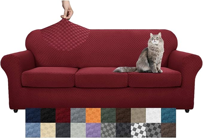 YEMYHOM Latest Checkered 4 Pieces Couch Covers for 3 Cushion Couch Extra Large High Stretch Thickened Sofa Cover for Dogs Anti Slip Furniture Protector Sofa Slipcovers (Wine Red), 91"-110"(3 CUSHIONS)