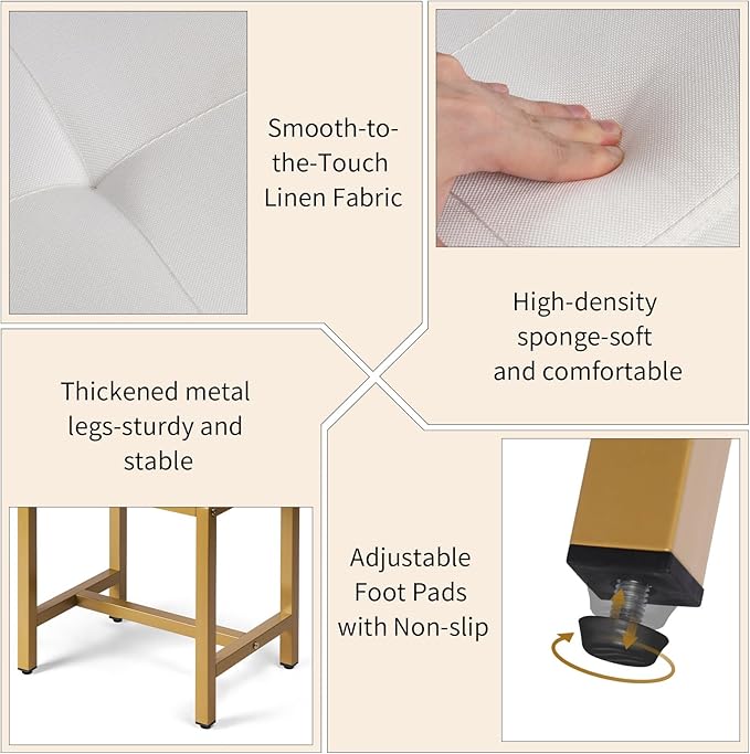 Saddle Seat Vanity Stool, Makeup Stool Chair with Metal Leg, U-Shaped Ottoman Foot Rest Stool, Small Square Chairs Under Desk for Vanity, Living Room, Bedroom, Modern Makeup Bench Linen White&Gold
