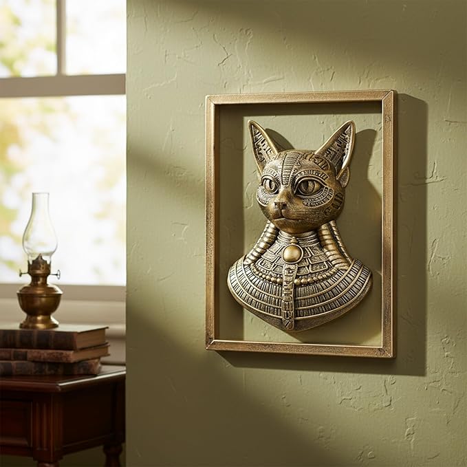 JJALIGHTS Animal Heads Wall Decor Bastet Resin Sculptures Bast the Cat-headed Goddess Wall Hanging Decoration Imitation Copper vintage Goddess of Cats Wall Sculpture for Living Room Bedroom Office