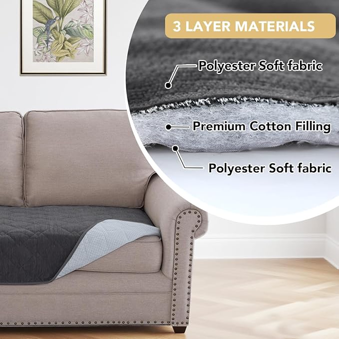 H.VERSAILTEX Couch Cover Chenille Pet Fuzzy Sofa Covers for 3 Cushion Couch Anti Slip Washable Sofa Slipcovers with Strap Soft Couch Protector Cover for Dogs Cats Kids(36" x 82", Grey)