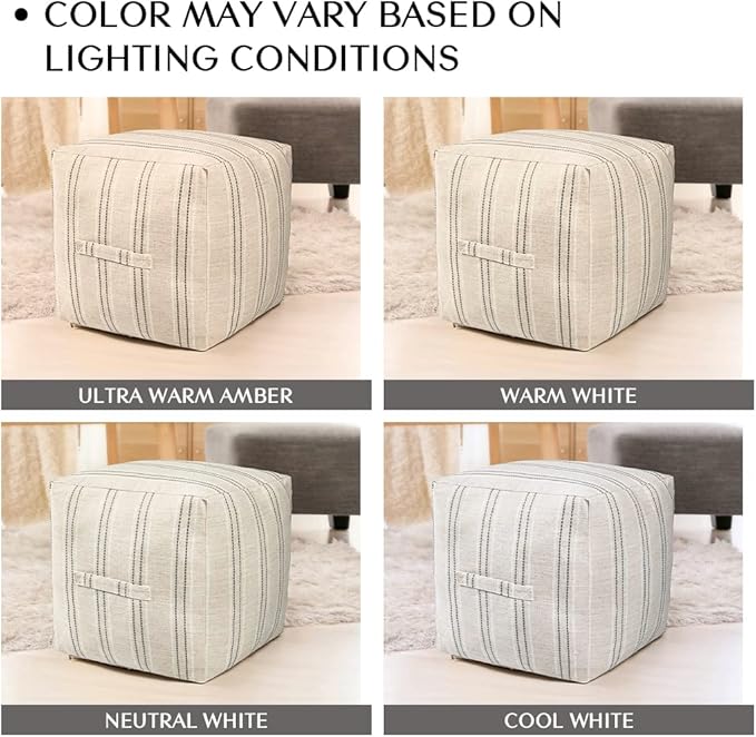 AELS Unstuffed Farmhouse Pouf Cover for Living Room, Boho Storage Bean Bag Cubes, Beige with Gray Stitch Yarn Dyed Stripe Square Ottoman Pouf Foot Rest Footstool, 18"x18"x18", Cover ONLY
