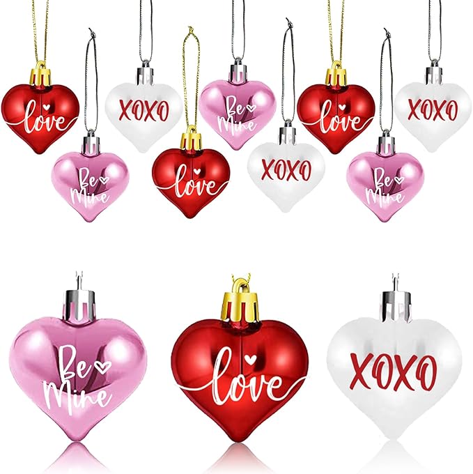 Valentines Tree Decorations, 24 Pcs Heart Ornaments for Christmas Tree, Mini Day Small Conversation Ornaments, Red Pink White Plastic