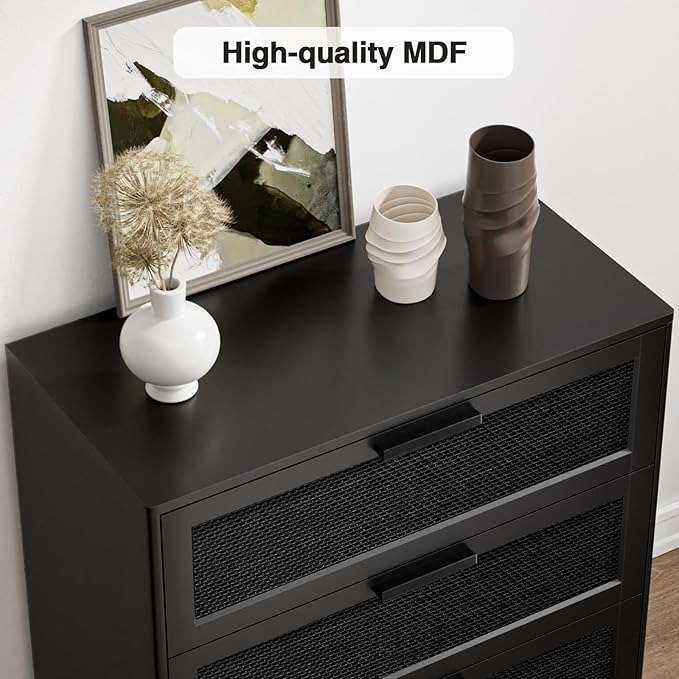 Anmytek 35" H Black Rattan Dresser, Farmhouse 3 Drawer Dresser with Natural Rattan Spacious Chest of Drawers for Living Room, Nursery, Hallway H0096