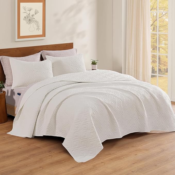 WRENSONGE Queen Quilt-3 Pieces Geometric White Bedspreads Queen Size Quilt Bedding Set for All Seasons,Soft Summer Coverlet with 2 Pillow Shams Suitable for Bed, Couch, Quilted Blanket
