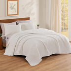 WRENSONGE Queen Quilt-3 Pieces Geometric White Bedspreads Queen Size Quilt Bedding Set for All Seasons,Soft Summer Coverlet with 2 Pillow Shams Suitable for Bed, Couch, Quilted Blanket
