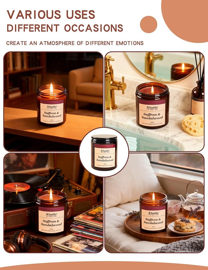 Soy Candle Gifts for Women & Men - 7oz Brown Scented Candle,50-Hour Burn Time,Aromatherapy Jar for Home Decor,Relaxing Ambiance in Bedroom & Office(Saffron Sandalwood)
