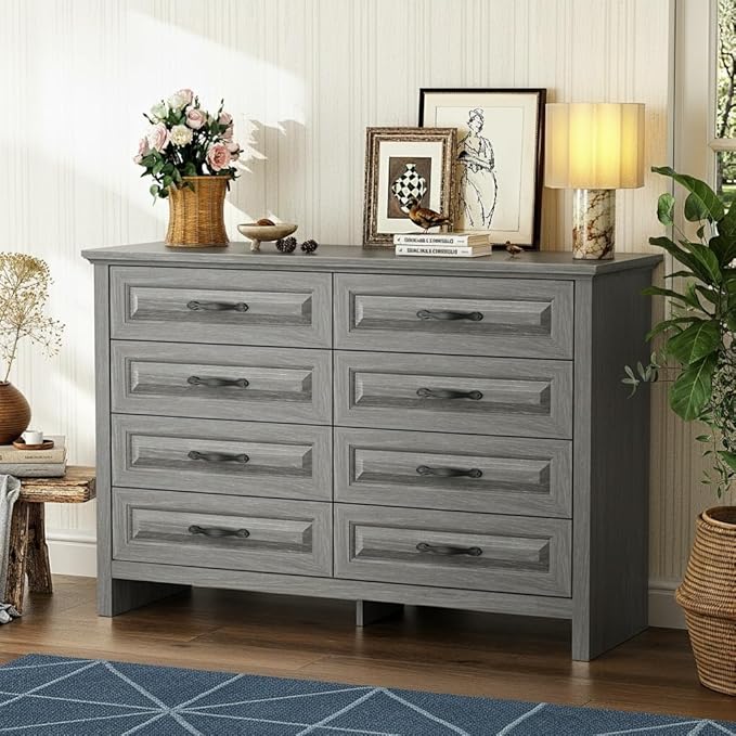 Marsail Farmhouse 8 Drawer Dresser, Wood Chest of Drawers with Natural Texture, Smooth Gliding Drawers, Versatile Storage Organizer Cabinet for Bedroom & Living Room, Grey