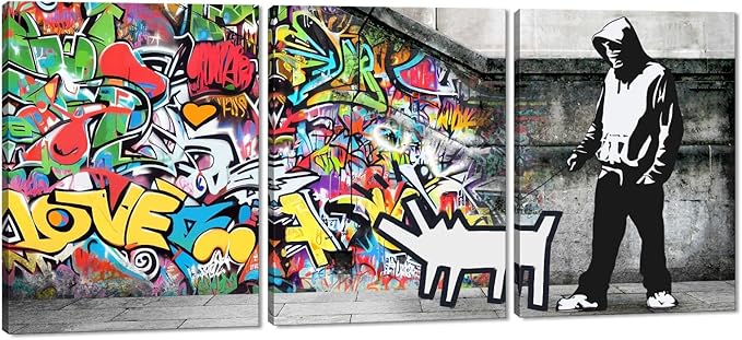 Novatique Banksy Wall Art Colorful Graffiti Canvas Wall Art Street Canvas Print Painting Street Cool Art Picture Decor Modern Graffiti Decor for Men Bedroom Living Room, 12" x 16" x 3Pcs