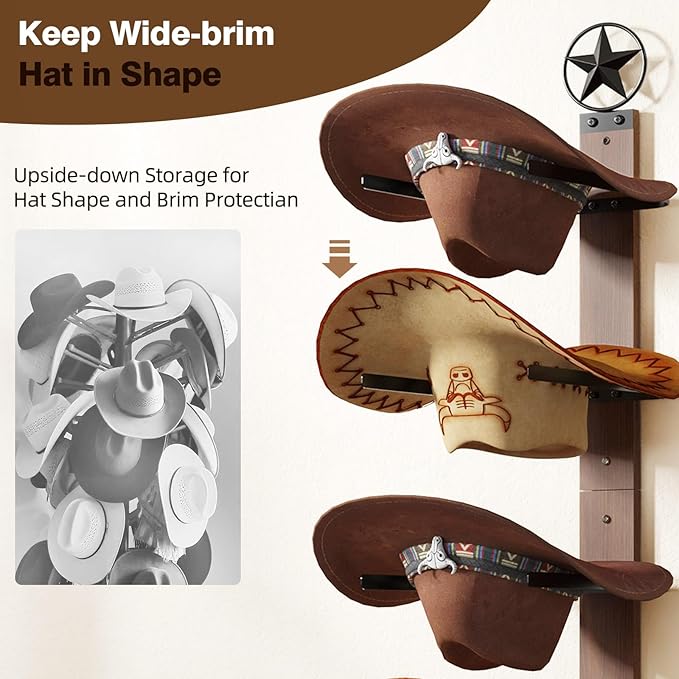 Cowboy Hat Rack for Wall – 2-Piece Western Hat Holder, Rustic Wooden & Metal Wall Mounted Cowboy Hat Organizer, Holds up to 4 Hats, Cowboy Room Decor & Storage Display Rack