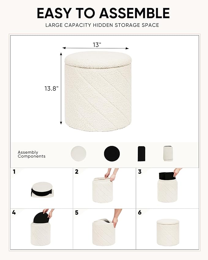 Round Ottoman with Storage, Boucle Foot Rest Stool with Reversible Tray Lid, Folding Teddy Ottoman Coffee Table for Dorm Living Room Bedroom Entryway, White,13" x 13" x 13.8"