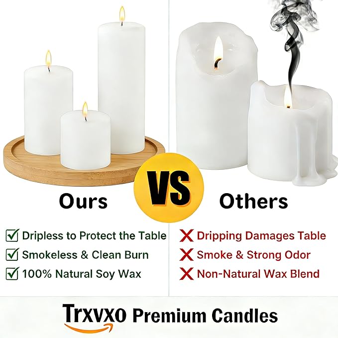 12 Pcs White Pillar Candles Bulk Set, 3 Different Lengths 3 x 3/6/8 Inch (4 Each), Dripless Unscented Smokeless,Hurricane Candles,Gives You a Better Atmosphere When Organizing an Event Party.