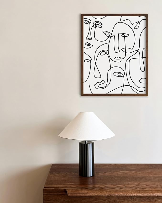 Abstract Face Pattern Wall Art Collage of Modern Faces Continuous Line Drawing 8x10 Inch Oak Wood Walnut Framed Artistic Aesthetic Print for Living Room