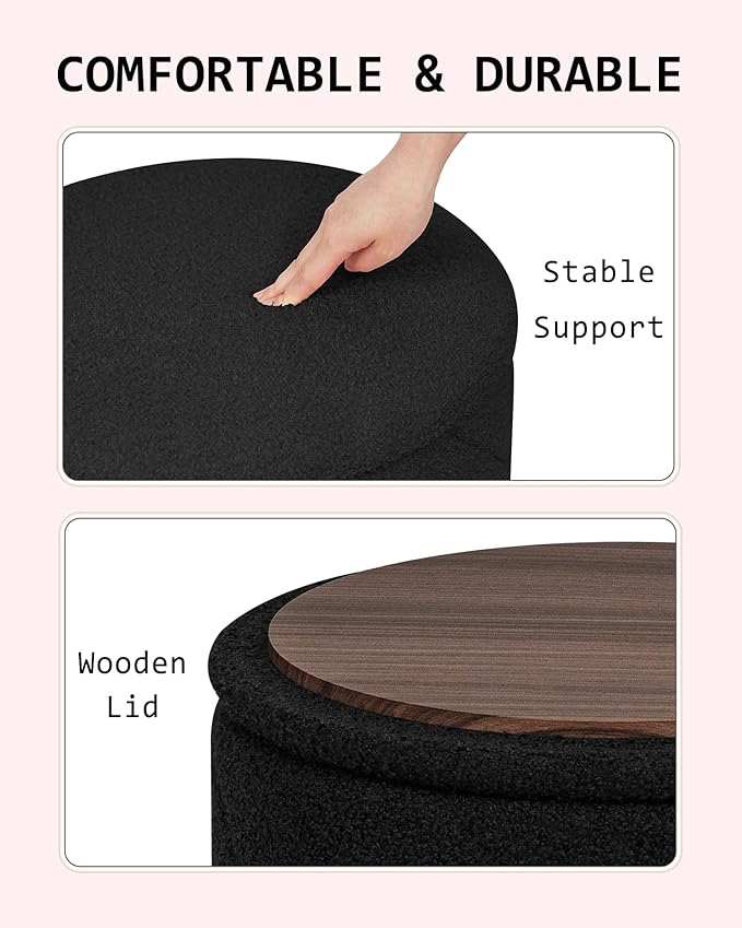 Round Boucle Storage Ottoman with Reversible Wood Tray, 17.7" Sherpa Cylinder Footrest Stool with Storage, Upholstered Folding Ottoman Coffee Table for Living Room Bedroom Dorm, Black