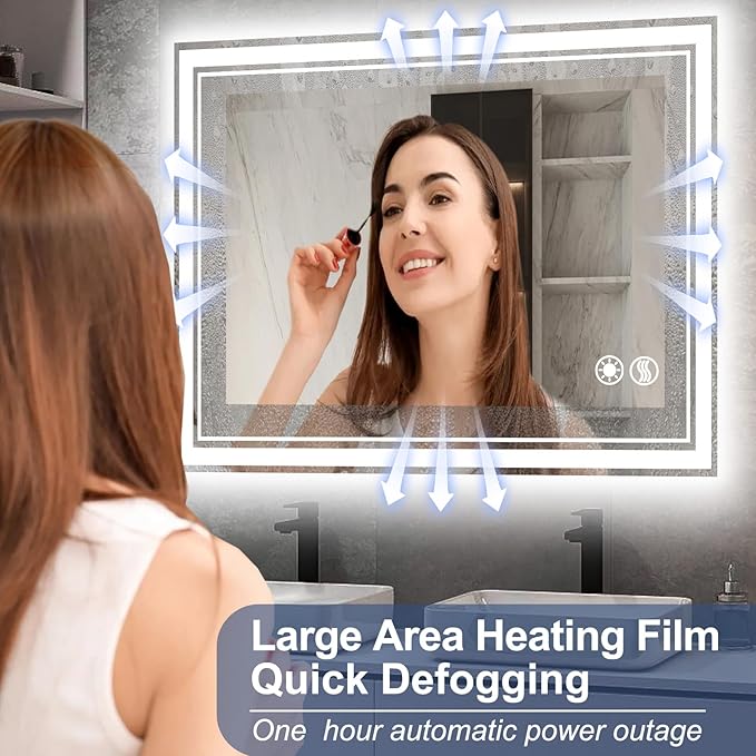 40“ x 32” Bathroom Mirror with Lights LED Mirror for Bathroom Anti-Fog Dimmable 3 Colors Memory Function Vanity Smart Mirror Home Decor Wall Mounted Horizontal/Vertical