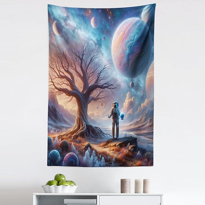 Ambesonne Space Tapestry, Lonely Astronaut in a Surreal Planet Pastel Celestial Forms Dried Tree, Fabric Wall Hanging Decor for Bedroom Living Room Dorm, 30" X 45", Blue Pale Orange Mauve