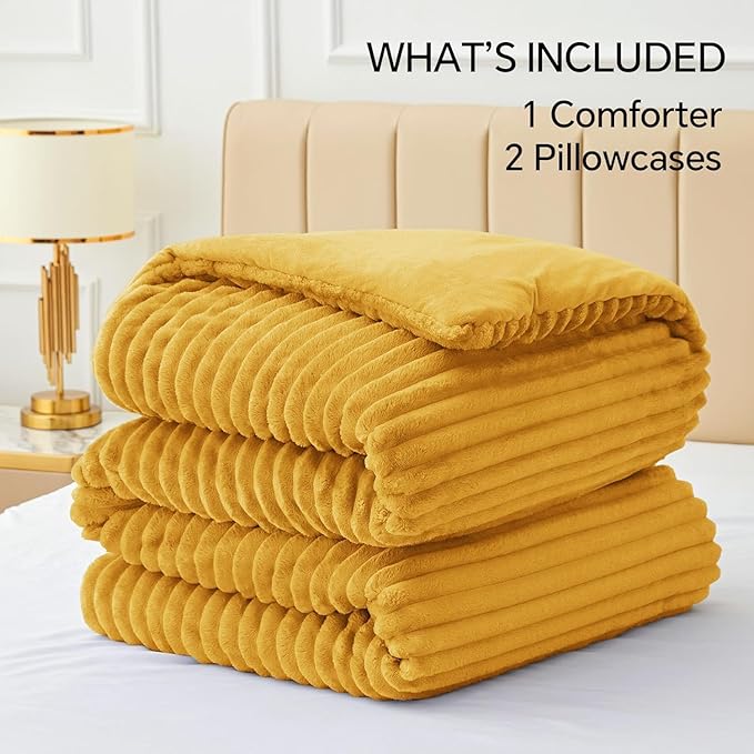 BEDELITE Fleece King Comforter Set -Super Soft & Warm Fluffy Mustard Yellow Bedding, Luxury Fuzzy Heavy Bed Set for Winter with 2 Pillow Cases