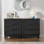 Anmytek 35" H Black Rattan Dresser, Farmhouse 3 Drawer Dresser with Natural Rattan Spacious Chest of Drawers for Living Room, Nursery, Hallway H0096