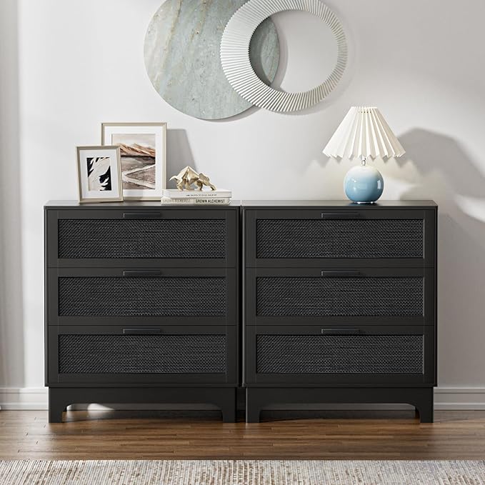 Anmytek 35" H Black Rattan Dresser, Farmhouse 3 Drawer Dresser with Natural Rattan Spacious Chest of Drawers for Living Room, Nursery, Hallway H0096