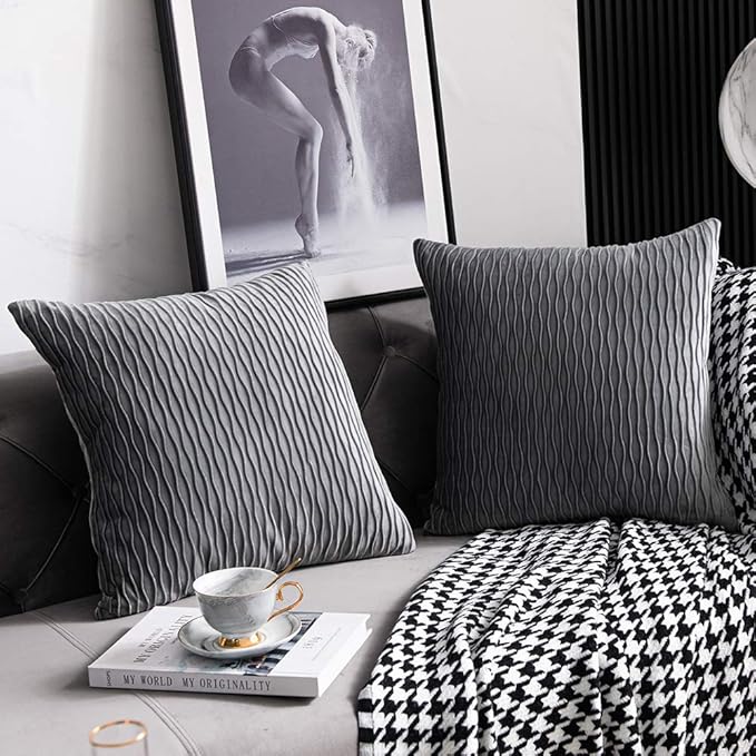 Grey Striped Decorative Pillow Cases: 2 Pack 24x24 Inch Original Velvet Square Throw Pillow Covers for Farmhouse Couch