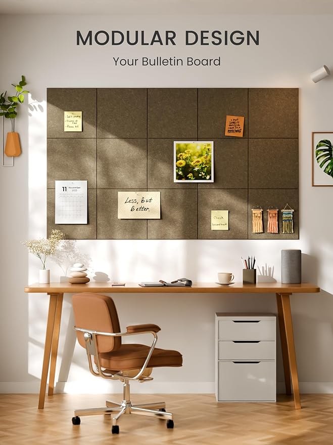 Bumusty Large Cork Board 48" x 36" Alternative - 12 Pack Felt Wall Tiles with 70 Safe Removable Adhesive Tabs, 30 Pushpins, Cork Boards for Walls Pin Board Bulletin Board Office Decor (Earth Brown)