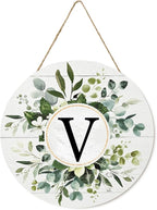 Smile Monogram Letter V Wreaths Wooden Welcome Sign, Family Last Name Initial Front Door Wall Decoration, Floral Spring Summer Porch Rustic Home Kitchen Decor