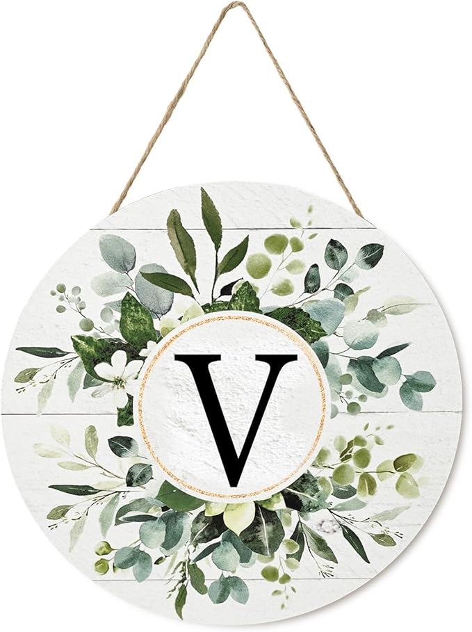 Smile Monogram Letter V Wreaths Wooden Welcome Sign, Family Last Name Initial Front Door Wall Decoration, Floral Spring Summer Porch Rustic Home Kitchen Decor