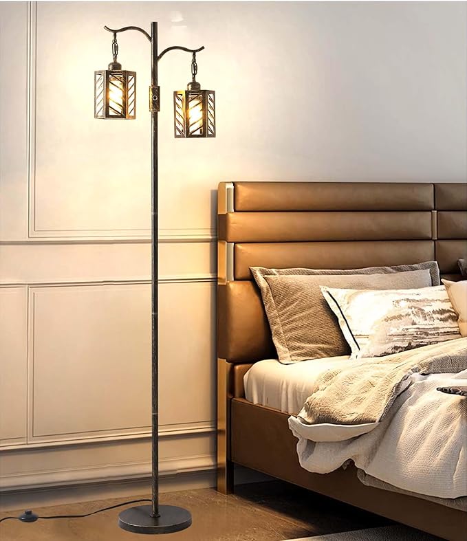 Industrial,Vintage Dimmable Floor Lamp,2 Classical Lanterns Standing Lamp, Rustic Farmhouse Floor Lamp with Bronze Gold Finish, for Living Room Bedroom (Bronze)
