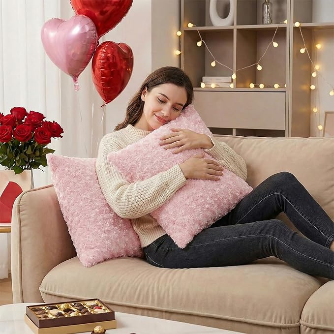 FUTEI Pink Decorative Throw Pillow Covers 16x16 Inch Set of 2,Soft Solid Rose Swirl Textured Cushion Case,Valentine's Day Decor for Couch Living Room