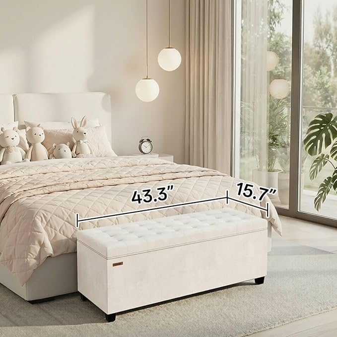 Velvet Storage ottoman bench with legs,43.5”W x 15.7”D x 15.7”H,metal frame end of bed bench hold up to 770 LB,Large Storage Chest hold up to 770 LB,White UASND623W