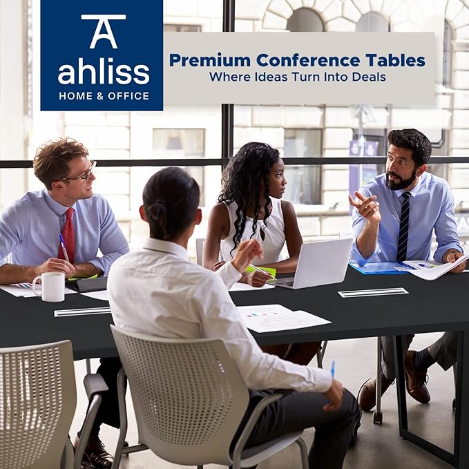 Sturdy Conference Table with Cable Management Grommets Modern Rectangle Office Meeting Table with Wood Tabletop and Metal Frame & Legs- Easy Assembly Boardroom Table (Black, 8 Foot)