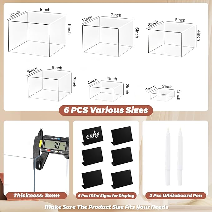 6Pcs Buffet Risers with Mini Sign and Maker, Clear Food Display Risers for Party, Acrylic Risers Display Stand for Buffet Table, Catering Displays for Dessert, Acrylic Boxes with Hollow Bottoms(8",7",6",5",4",3")