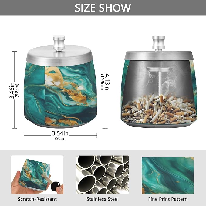 Green Gold Marble Textures Ashtray with Lid, Outdoor Ashtrays for Patio, Stainless Steel Ashtray Odorless Smokeless for Home Office Balcony