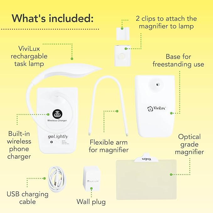 goLightly by ViviLux LED Craft Lamp with 3X Magnifier & Wireless Charger, Rechargeable Battery, Hands-Free Task Lighting for Crafts, Sewing & Reading
