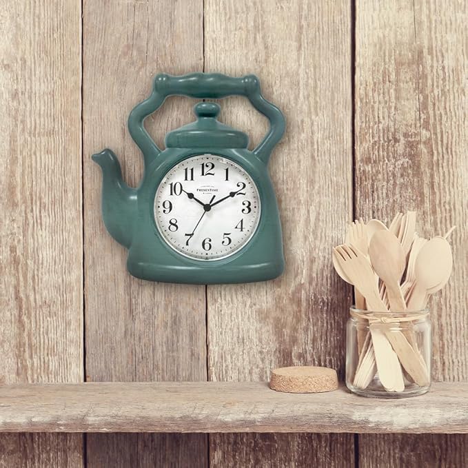 Presentime & Co. 11" Teapot Clock, Silent Non Ticking, Modern Farmhouse Style, Wall & Mantel 2 in 1 Clock, Desk & Shelf, Aged Teal Finish (Wall Deocration/Home Decoration/Tabletop Décor)