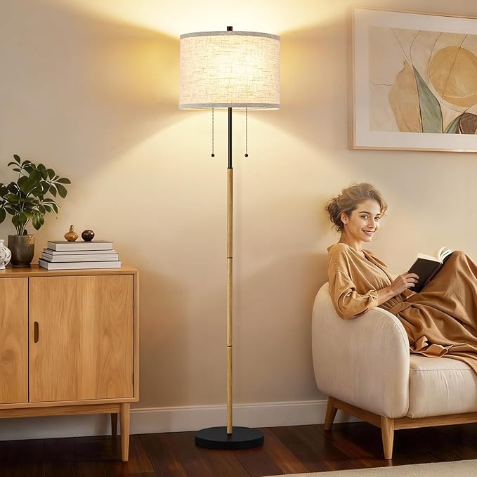 Luvkczc Floor Lamp, 60" Standing Lamp Tall Lamp with Fabric Lampshade&Pull Chain Corner Floor Lamps for Living Room, Bedroom,Office Corner (Wood Grain 2 Bulb Socket)
