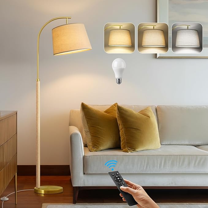 63" Wood Floor Lamp for Living Room Dimmable Standing Lamp with Remote & Foot Switch, 3 Color Temperatures Tall Lamp Mid Century Modern Floor Lamp for Bedroom Office, 9W Bulb Included, Natural Wood