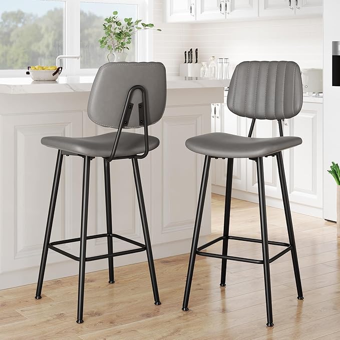 29-Inch Leather Bar Stools Set of 2, Counter Height Barstools with High Backrest，Bar Chairs for Kitchen Island with Heavy Duty Metal Base, Gray