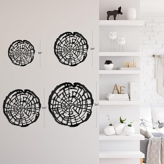 SIGNLEADER Metal Wall Art Decor Wood Rings of Tree Minimalist Modern Abstract Wall Sculpture Hangings Home Decoration for Living Room, Bedroom, Bathroom, Kitchen, Outdoor - 24" Black