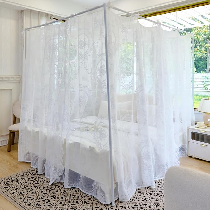 AIKASY Elegant Lace Princess 4-Poster Bed Canopy Mosquito Net - Romantic Wedding Bridal Bedroom Decor, Kids Room Bed Curtain for Women Adults - (White-2,Full)