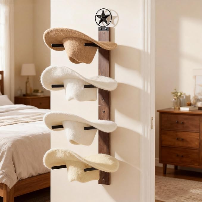 Cowboy Hat Rack for Wall – 2-Piece Western Hat Holder, Rustic Wooden & Metal Wall Mounted Cowboy Hat Organizer, Holds up to 4 Hats, Cowboy Room Decor & Storage Display Rack