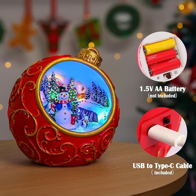 Christmas Village Scene Animated Rotating Snowman LED Lights Christmas Decorations Music with Volume Adjustment USB/Battery Collectible Buildings Figurines Globe Gifts